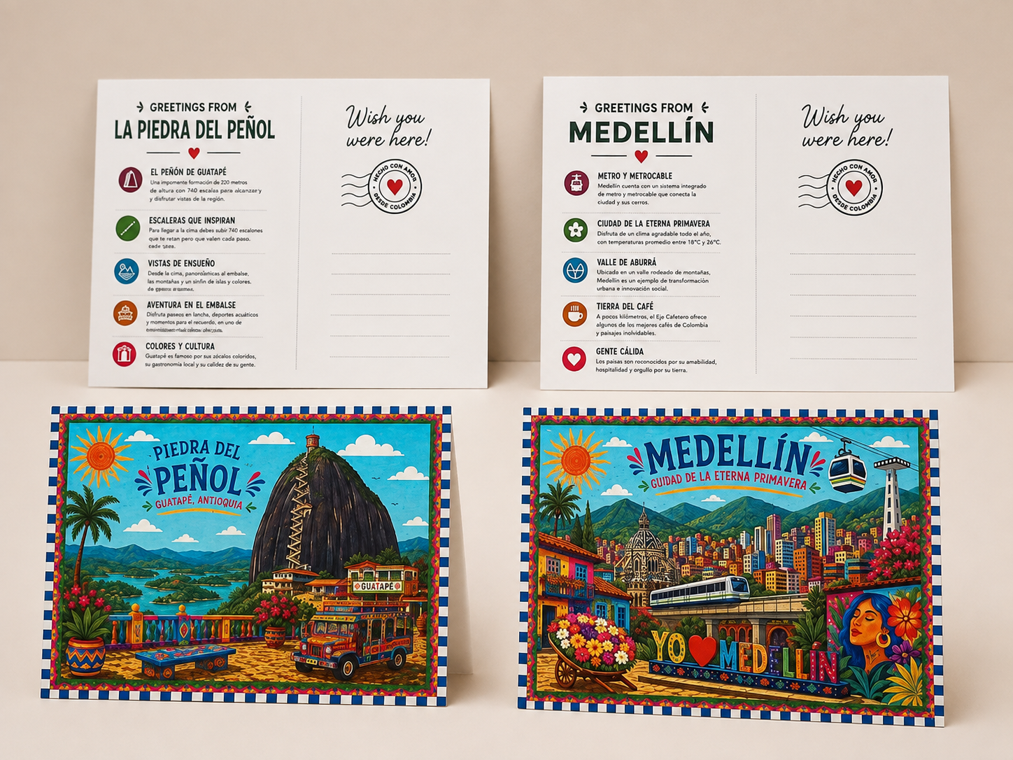 Postales Piedra del Peñol y Medellín, frente y reverso