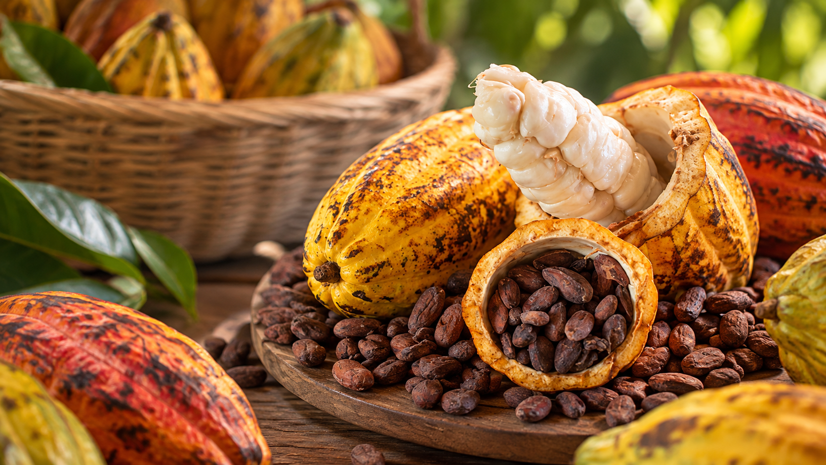 Mazorcas de cacao abiertas con granos sobre una bandeja de madera